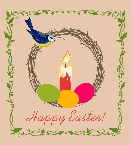 Великодня Ретро Вітальна Листівка Свічкою Пофарбовані Яйця Синя Синиця Квітковий — стоковий вектор