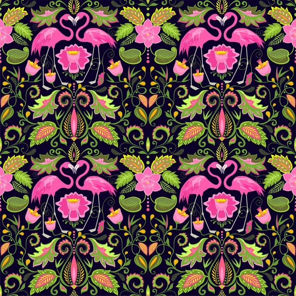 エキゾチックな花 熱帯の葉結婚式デザイン ファブリック 繊維や包装紙のピンクのフラミンゴと美しいハワイのシームレスな壁紙 — ストックベクタ