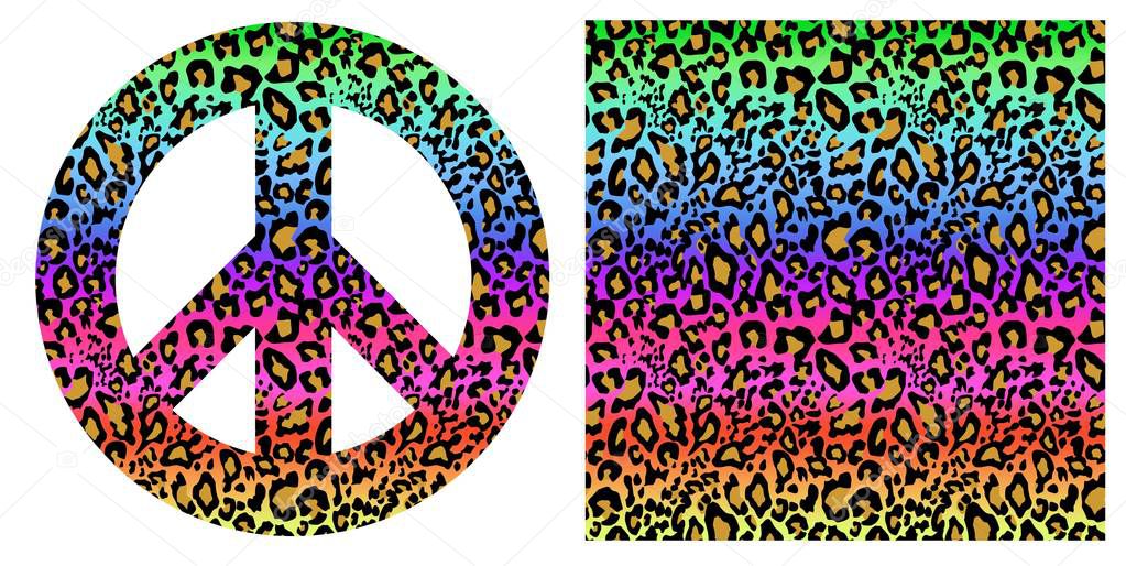 Fashionable colorful seamless background and hippie peace symbol with leopard print. Fashion design for textile, wallpaper, t shirt, bag, poster, scrapbook