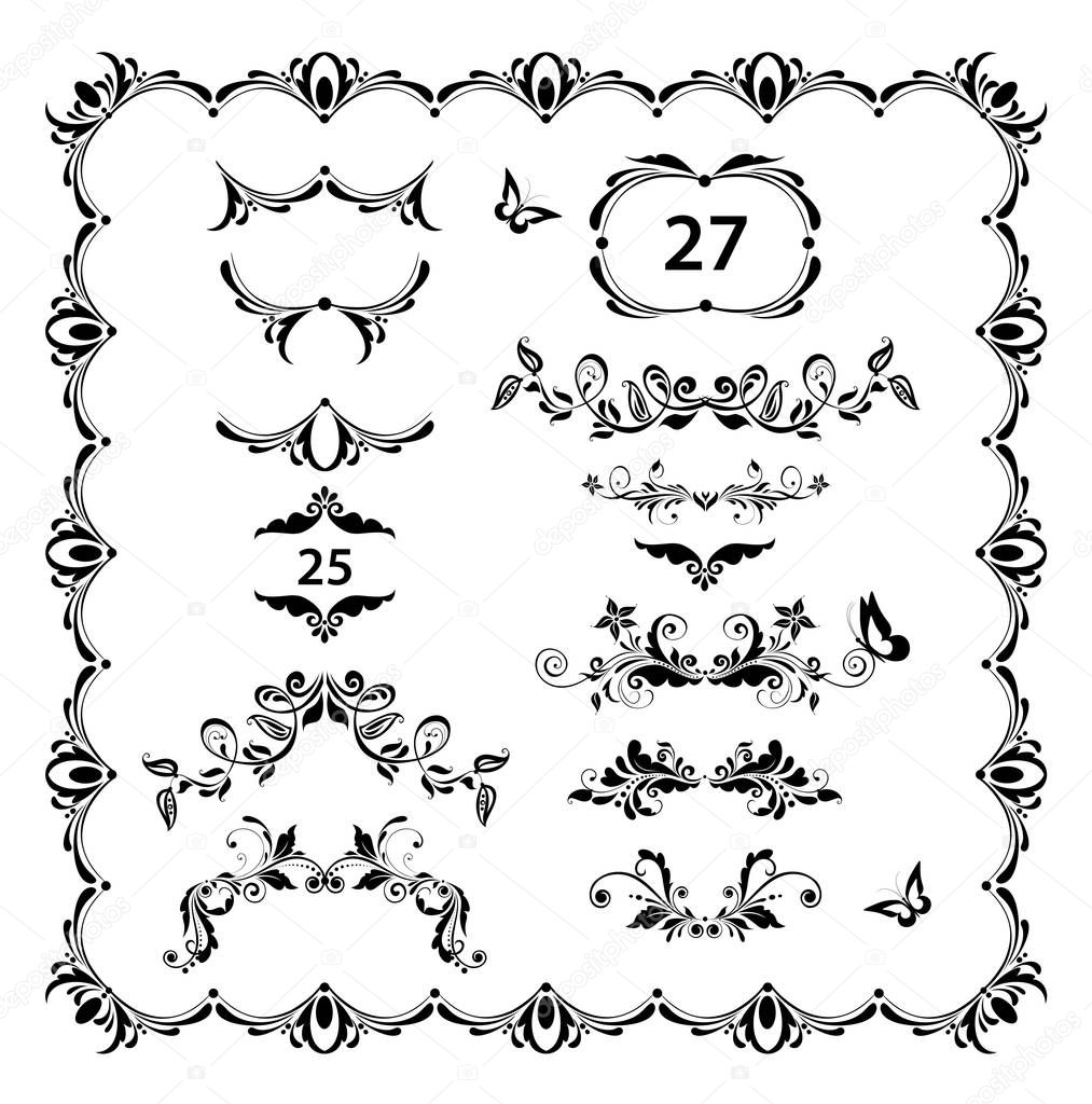 Vintage floral dividers, page ruler and headers vector set. Black and white retro design