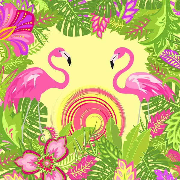 Letní Tropické Květinové Pozadí Exotickými Listy Květinami Párek Půvabných Růžových — Stockový vektor