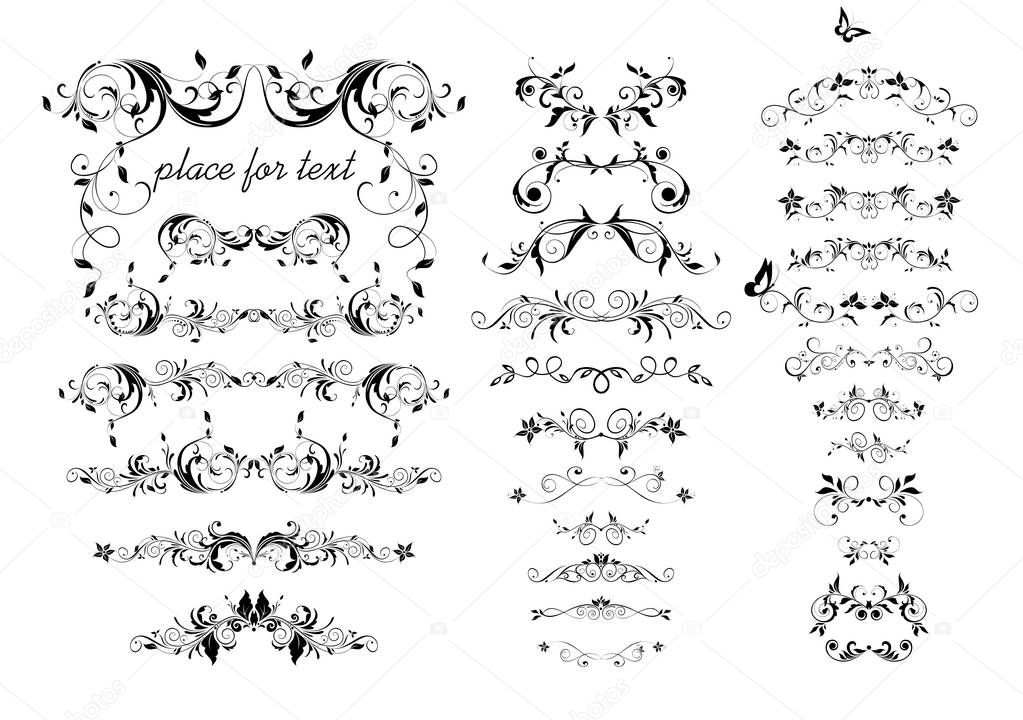 Vintage decorative floral arch, borders, headers and titles collection. Black and white design for wedding invitation, book dividers, boutique sign-board