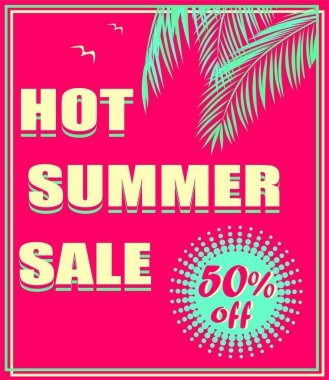 Sıcak yaz satış yazı, palmiye yaprakları ve martı ile sıcak pembe neon el ilanı. Art deco tarzı