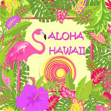 Aloha Hawaii yazı, pembe flamingo, tropikal yaprakları, sıcak güneş ve çanta, Tshirt, yaz partisi afiş ve diğer tasarım için mor hibiscus ile Tshirt yazlık baskı