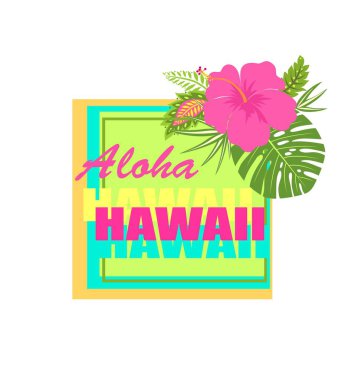Neon Aloha Hawaii yazı, ebegümeci çiçek ve tropikal yaprakları ile T-shirt moda baskı