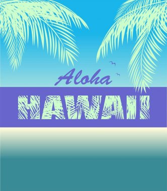 Aloha Hawaii yazı ile T-shirt neon baskı, hindistan cevizi nane renkli palmiye yaprakları ve martı