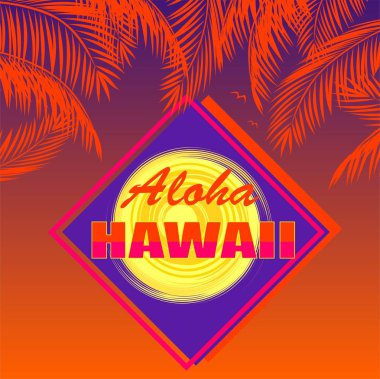 Aloha Hawaii yazı ile T-shirt, hindistan cevizi turuncu palmiye yaprakları, koyu günbatımı arka plan üzerinde güneş