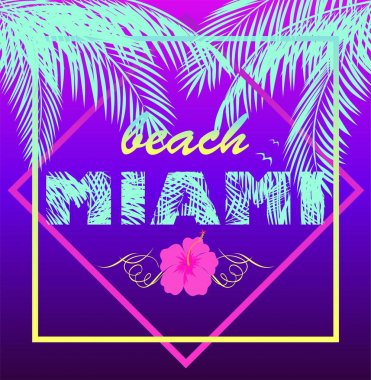 Miami plaj nane renkli yazı ile T-shirt neon mor baskı, hindistan cevizi palmiye yaprakları, martı ve leylak ebegümeci