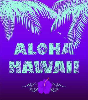 Aloha Hawaii nane renkli harfler, hindistan cevizi palmiye yaprakları, martı ve leylak ebegümeci ile T-shirt neon mor baskı