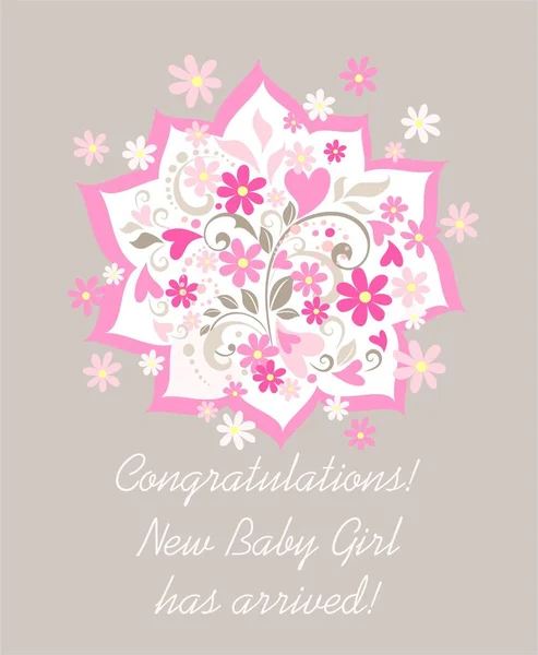 Baby Girl Arrival Pastel Card Pink White Daisy Greeting Bouquet — Stock Vector