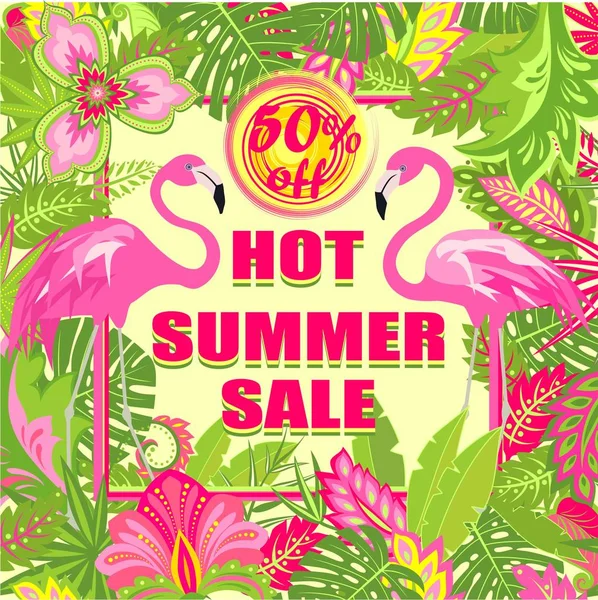 炎热的夏季销售折扣标签与热带叶子 异国情调的花和火烈鸟 — 图库矢量图片