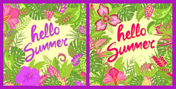 Sommer Grußkarten Mit Bunten Blumen Und Hallo Sommer Schriftzügen Tropischen — Stockvektor