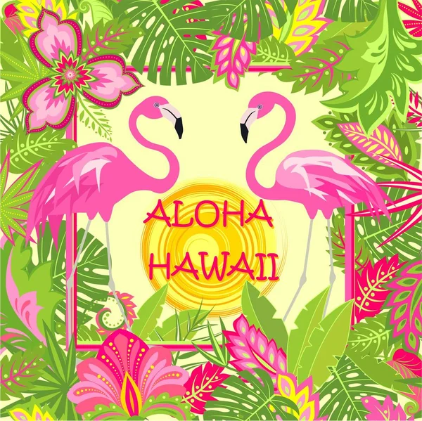 Estampado Moda Veraniega Con Letras Aloha Hawaii Pareja Flamencos Rosados — Vector de stock
