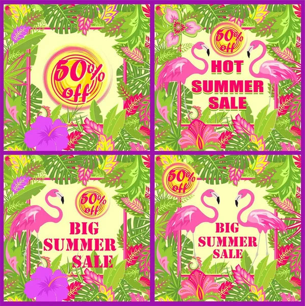 五颜六色的花卉标签变化为炎热的夏季销售与热带叶子 异国情调的花和粉红色的火烈鸟 — 图库矢量图片