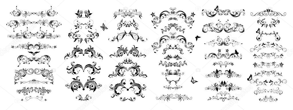 Vintage book floral separators and titles set. Baroque black and white design elements