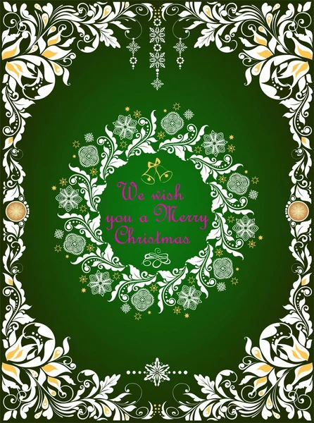 Díszes Kézműves Zöld Karácsonyi Üdvözlőlap Fehér Virágos Papír Kivágott Határ — Stock Vector