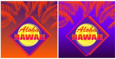 T-shirt Aloha Hawaii yazı, hindistan cevizi turuncu palmiye yaprakları ve gün batımı ve gece arka plan güneş ile varyasyon baskılar