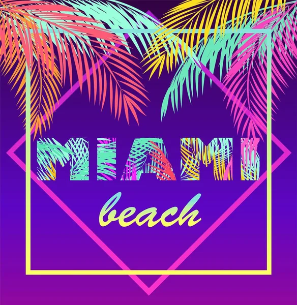 Tričko Neonově Fialové Tisk Barevným Písmem Miami Beach Kokosovými Palmami — Stockový vektor