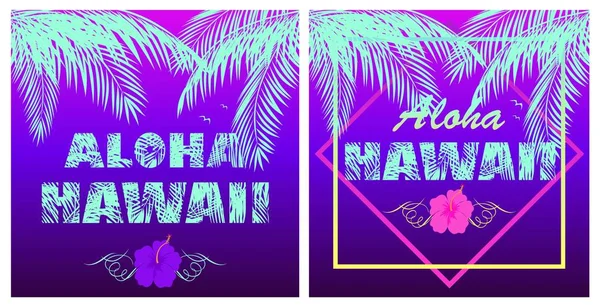 Camiseta Neón Violeta Estampados Variación Con Aloha Hawaii Letras Color — Vector de stock