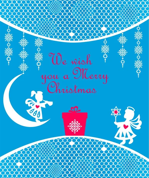 Crăciun Felicitare Albastru Ambarcațiuni Hârtie Albă Tăiere Agățat Îngeri Fulgi — Vector de stoc