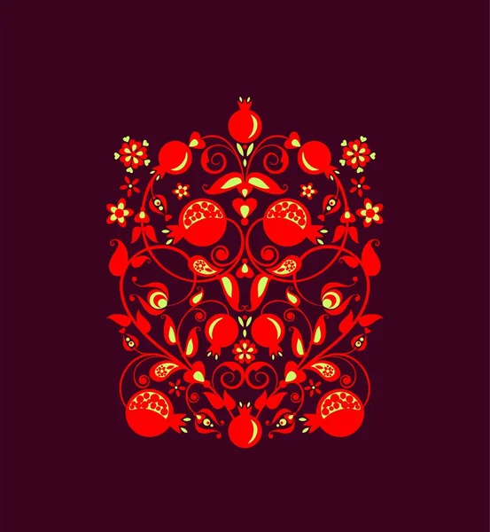 Bel Ornement Décoratif Floral Ethnique Rouge Avec Grenadier Abstrait Fruits — Image vectorielle