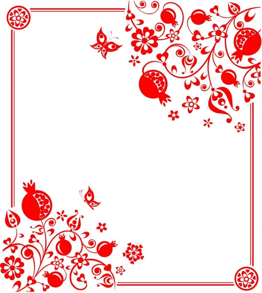 带有花卉民族红色装饰的贺卡 有抽象的石榴树 鲜花和蝴蝶 — 图库矢量图片