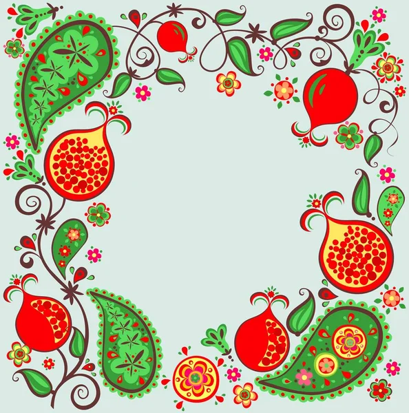 Floral Ethnic Border Abstract Pomegranate Tree Fruit Flower Paisley — Stock Vector