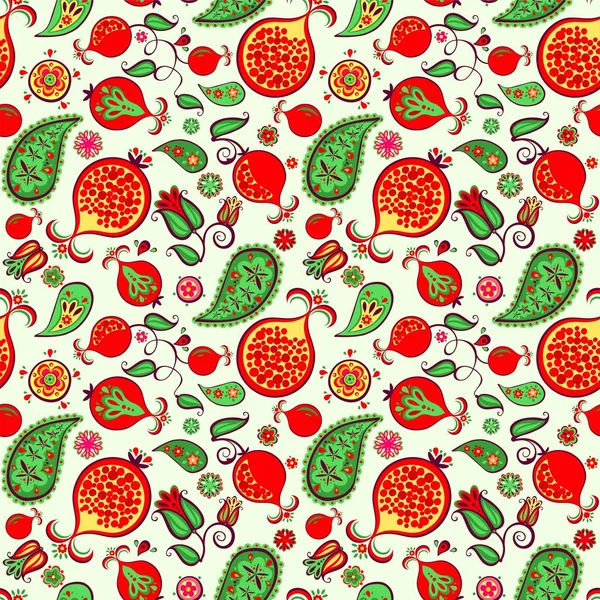 Naadloze Etnische Decoratieve Oosterse Patroon Met Granaatappel Sappig Fruit Bladeren — Stockvector