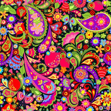 Soyut çiçekler, paisley ve nar ile Çiçek dikişsiz dekoratif etnik renkli desen