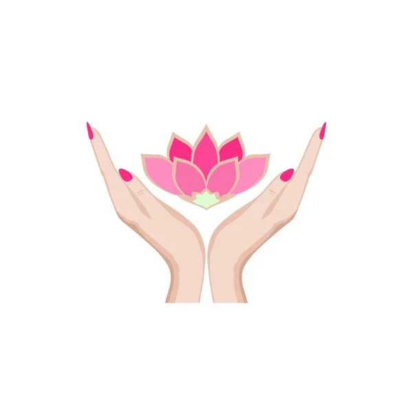 Дизайн Логотипа Спа Салона Женскими Руками Держащими Розовый Цветок Лотоса — стоковый вектор