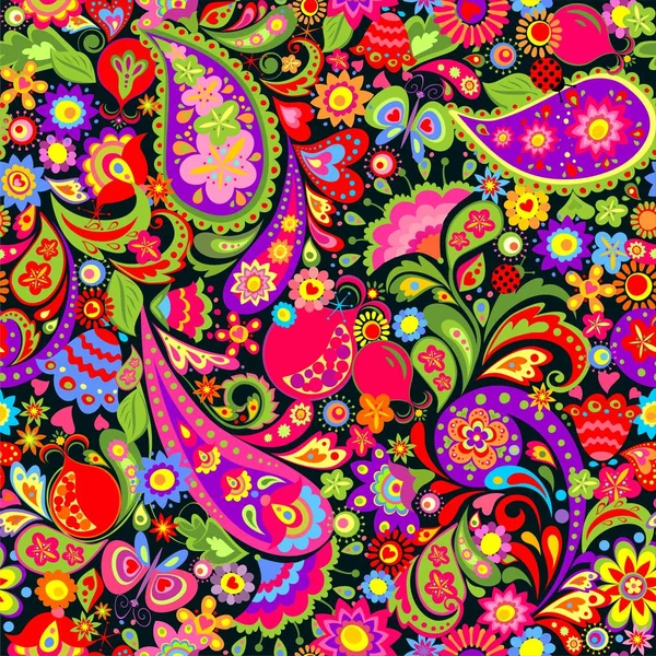 花卉无缝装饰民族色彩图案与抽象花 佩斯利和石榴 — 图库矢量图片