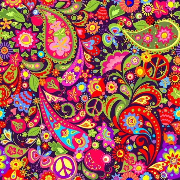 Hippie Papel Parede Colorido Vívido Com Flores Abstratas Símbolo Paz —  Vetores de Stock