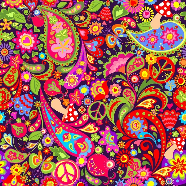 抽象的な花 ヒッピー平和のシンボル キノコ ザクロとペイズリーとヒッピー鮮やかなカラフルな壁紙 — ストックベクタ