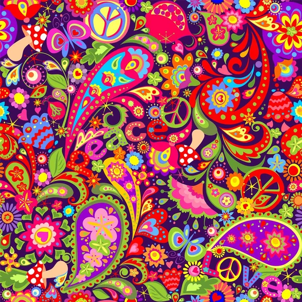抽象的な花 ヒッピー平和のシンボル 平和と愛の言葉 キノコ ザクロとペイズリーとヒッピー鮮やかなカラフルな壁紙 — ストックベクタ