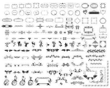 Mega set veya koleksiyon kaligrafik ve çiçek dekoratif çerçeveler, vinyet, elemanları ve başlıklar tasarım ve sayfa dekorasyon için