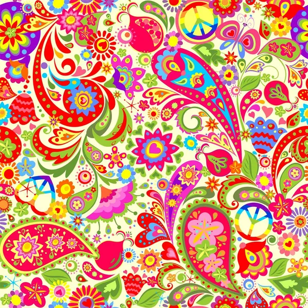 Hippie Papel Parede Colorido Vívido Com Flores Abstratas Hippie Símbolo — Vetor de Stock