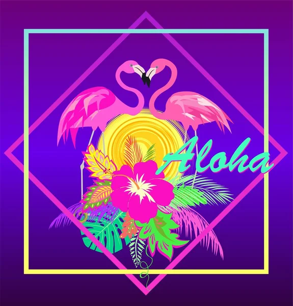 Neon Lila Háttér Színes Shirt Trópusi Virágos Hawaii Nyomtatási Pár — Stock Vector