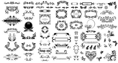 Mega dekoratif vintage çiçek siyah çerçeveler seti, başlık ve düğün ve heraldic tasarım, moda etiketleri, tören, menü kartı, restoran, kafe, otel, mücevher mağazası, logo şablonları, monogram için başlık ve başlıklar