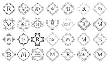 Heraldic ve düğün tasarımı için vintage kaligrafik çerçeveler ve vinyet seti, moda etiketleri, restoran, kafe, otel, mücevher mağazası, logo şablonları