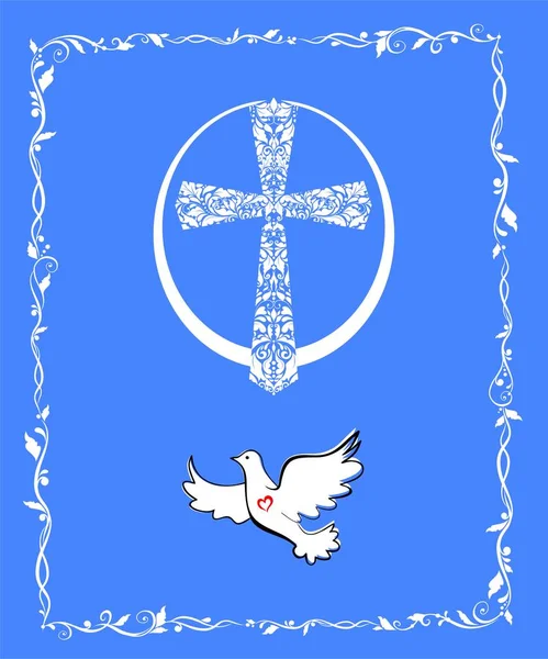 フライング鳩 卵の形とヴィンテージ花の十字架と挨拶イースターブルーカード — ストックベクタ