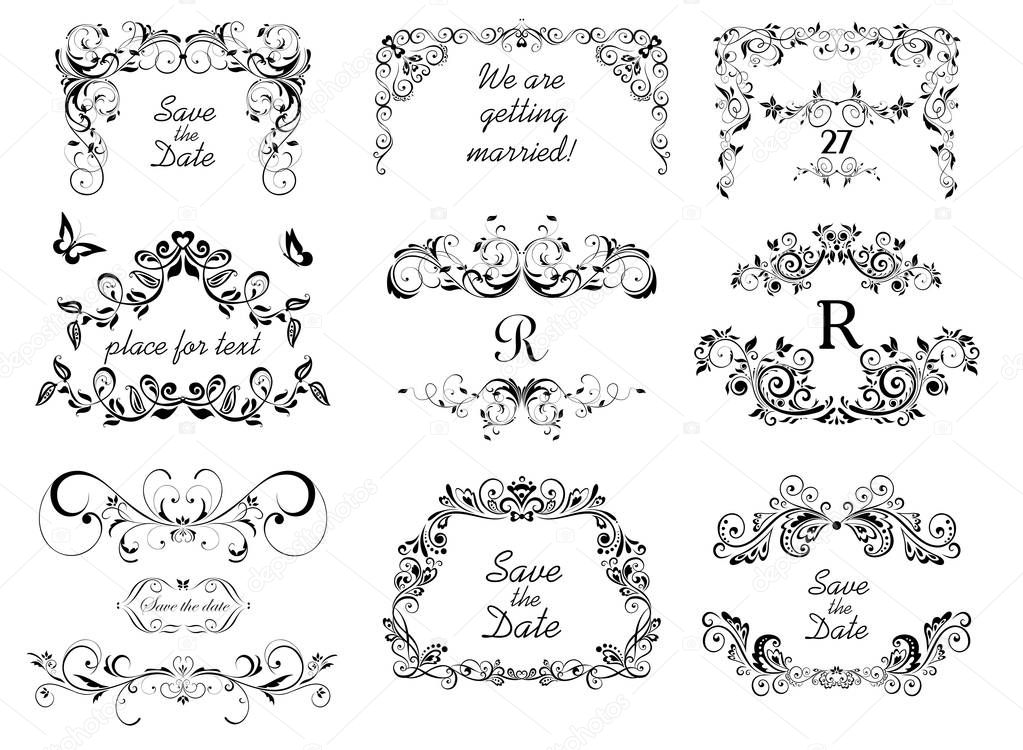 Vintage calligraphic frames, headers and vignette for wedding and heraldic design, fashion labels, restaurant, cafe, hotel, jewellery store, logo templates