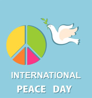 Üzerinde kağıt olan açık mavi kartı selamlıyorum. Barış sembolü ve Uluslararası Barış Günü için güvercin kesiyorum. Düz tasarım