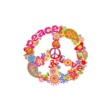 Barış Hippie çiçek sembollü tekstil ve çanta tasarımı için harika bir moda baskısı.