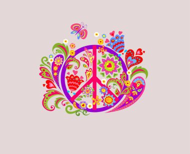 Barış Hippi Sembolü ve tekstil sanatı için soyut renkli çiçekli şık tişört baskısı