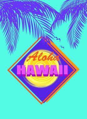 Moda tişörtü, nane rengi neon rengi Aloha Hawaii harfleri, hindistan cevizi mavisi palmiye yaprakları ve soyut sarı güneş.