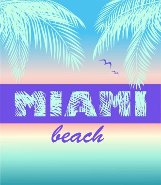 Moda tişörtü, okyanus batımlı neon baskı, Miami plaj harfleri, Hindistan cevizi rengi palmiye yaprakları ve martı.