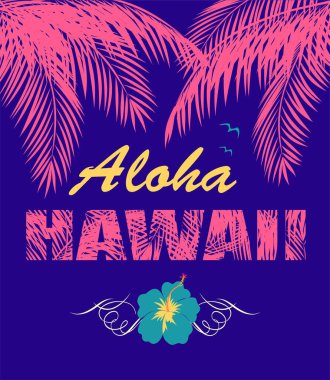 Aloha Hawaii harfleri, pembe hindistan cevizi palmiyesi yaprakları ve plaj partisi posteri, tişört, çanta ve diğer tasarım ürünleri için mavi amber.
