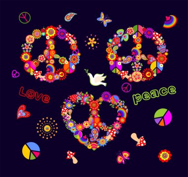 Çiçek gücüyle hazırlanmış komik renkli barış sembolleri, sineklik, şal desenli, kelebekler ve gökkuşağı tişört, çanta, koyu arkaplanda moda baskısı