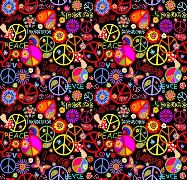 Funny Seamless Wallpaper Colorful Hippie Print Peace Love Lettering Flay — Stock Vector