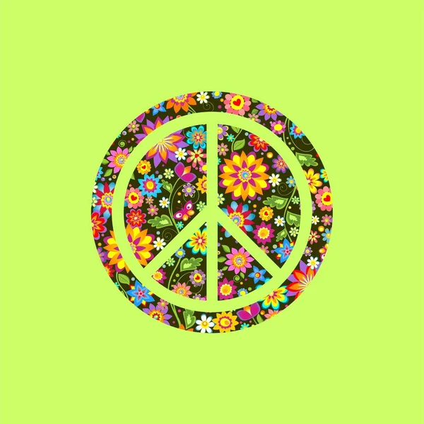 Paz Hippie Símbolo Sobre Flores Colores Fondo Impresión Para Camiseta — Vector de stock